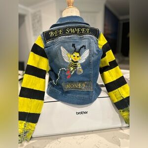 Custom Bee Sweet Kids Denim Jacket with Yellow and Black Stripes